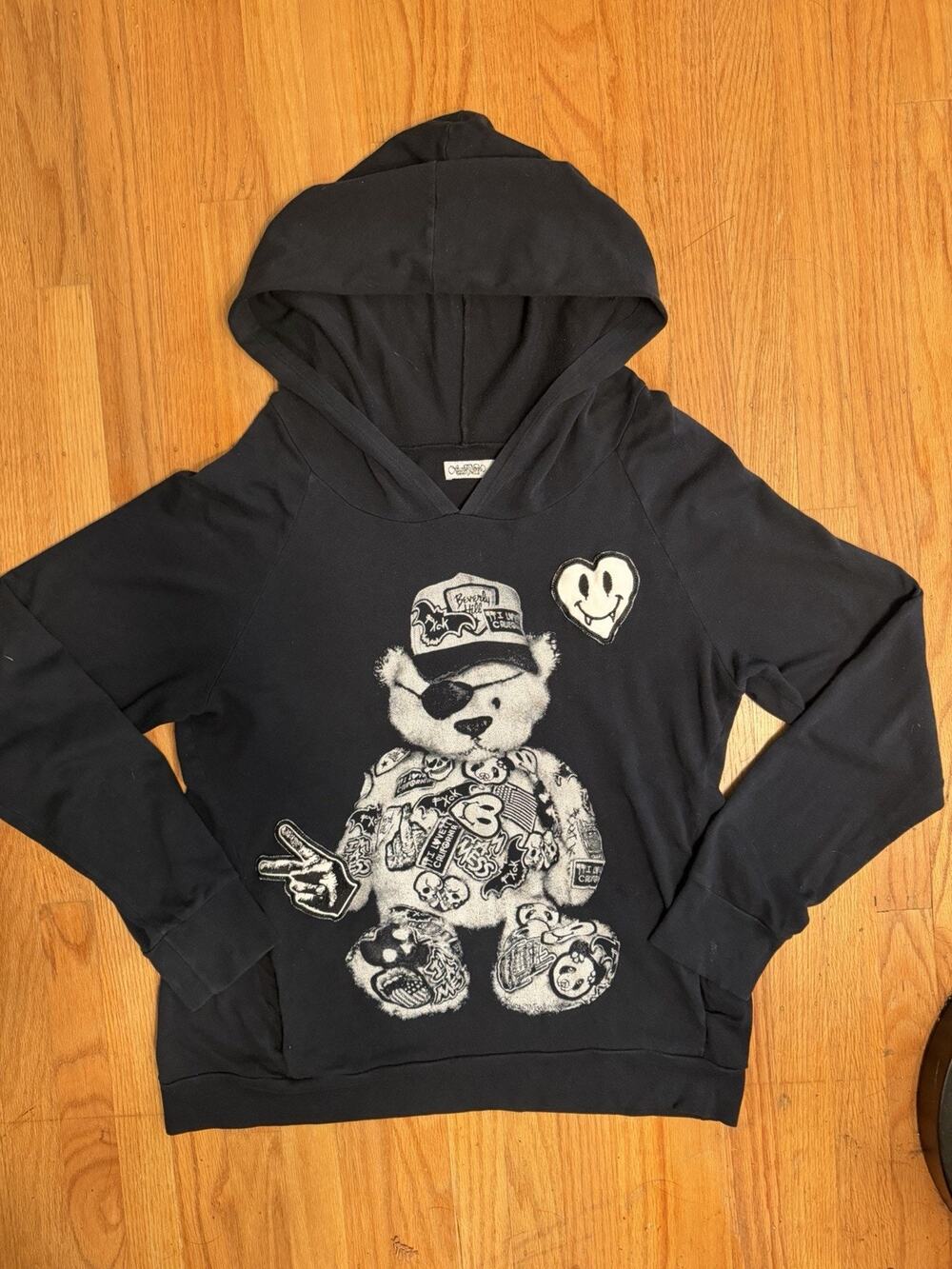 VTG Lauren Moshi RARE Black Teddy Bear Hoodie Sz S Peace Heart Fang Patches Y2K